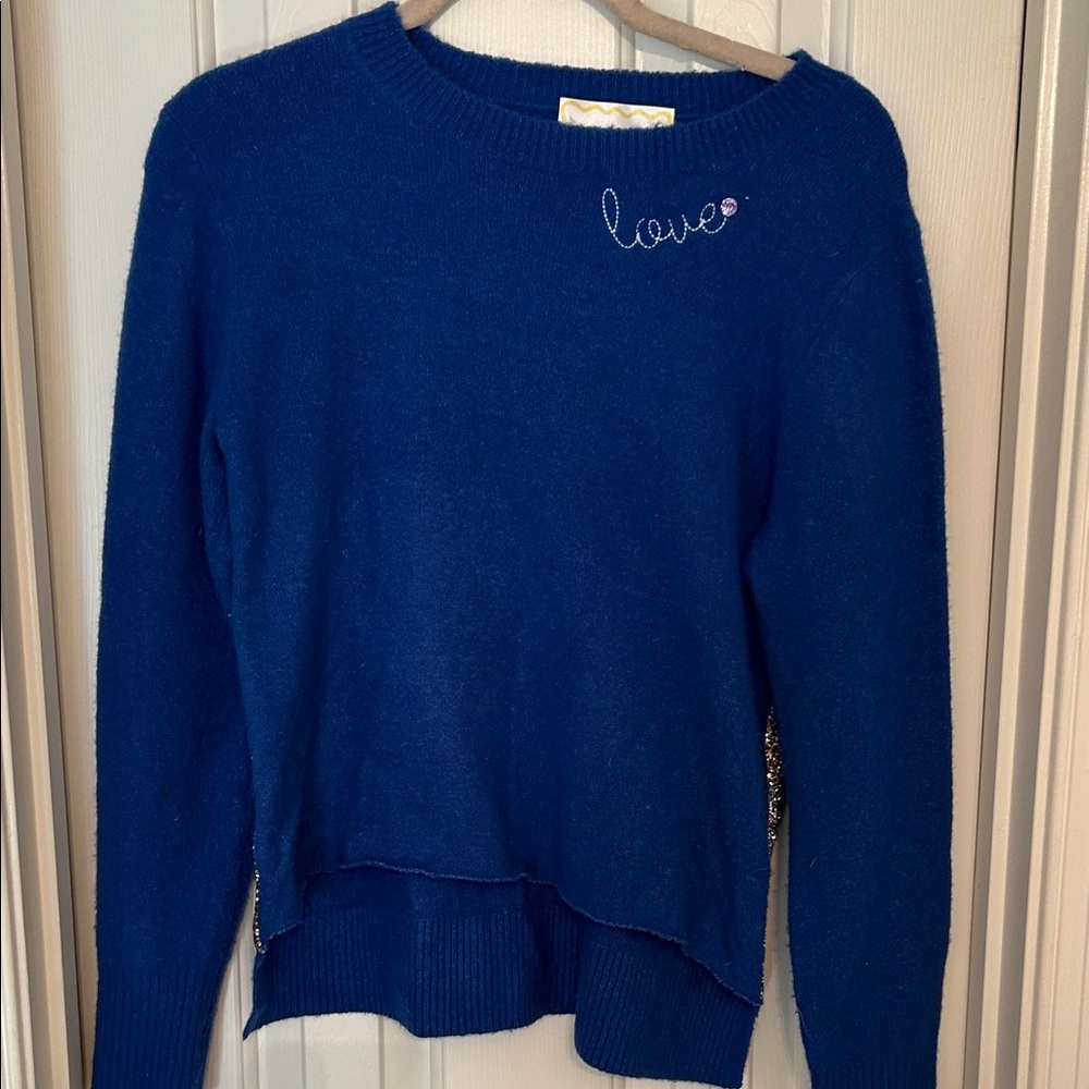 Elegant Blue Women's Sweater with Embroidered Love Detail